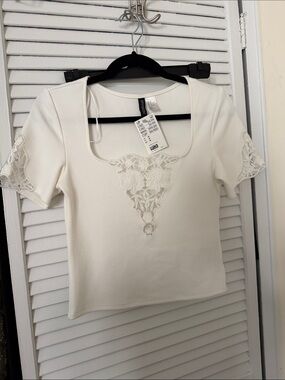 H&M Ivory Lace-Applique Square Neck Crop Top